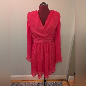 Pink Bell Sleeve Wrap Sundress with Plunge Neckline